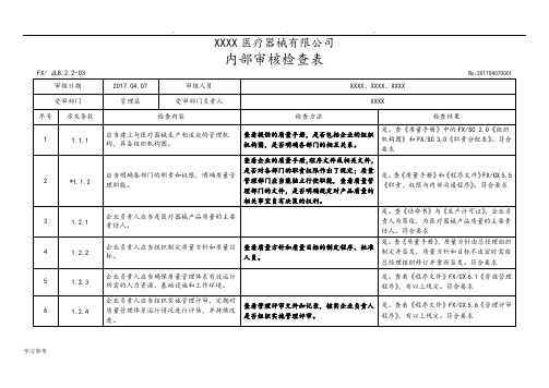 YYT0287_2017医疗器械内审检查表(内容已填写)全部门