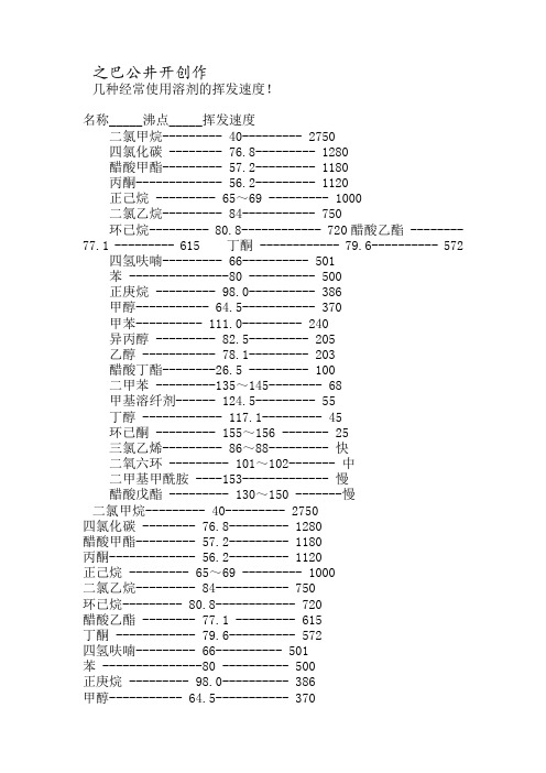 几种常用溶剂的挥发速度