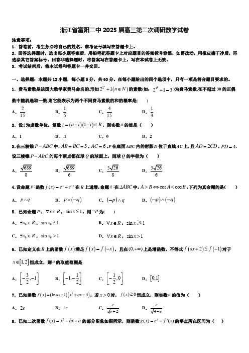 浙江省富阳二中2025届高三第二次调研数学试卷含解析