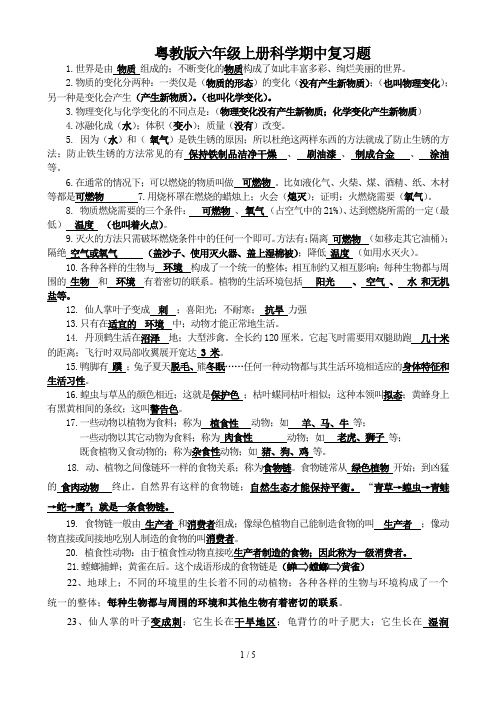 粤教版六年级上册科学期中复习题