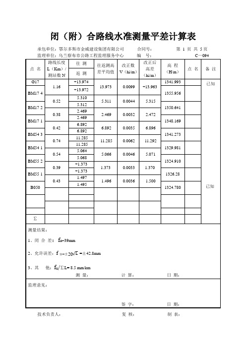 闭合水准测量平差表