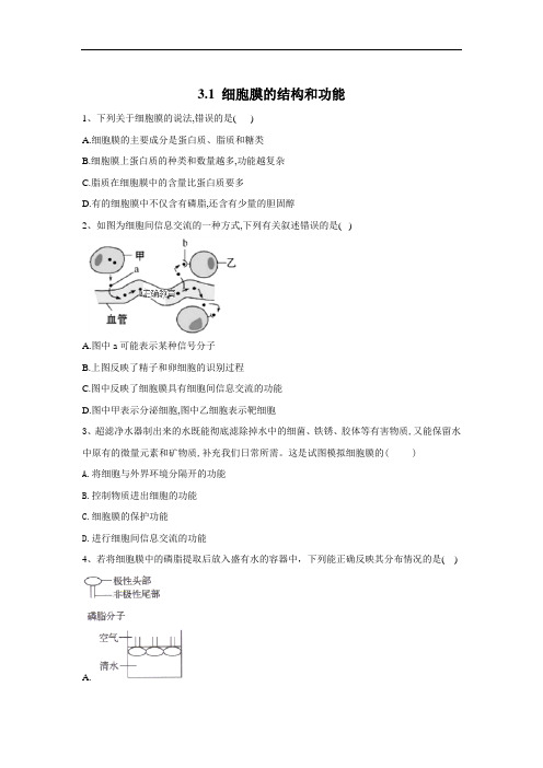 2019-2020学年高中生物人教版(2019)必修一基础练习：3.1 细胞膜的结构和功能 Word版含答案