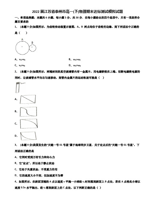 2022届江苏省泰州市高一(下)物理期末达标测试模拟试题含解析