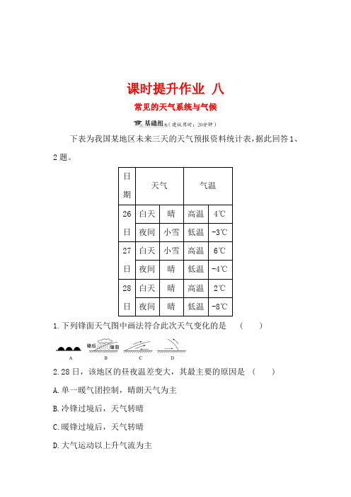 2019届高三一轮复习地理(人教版)课时提升作业 八 2.4常见的天气系统与气候 Word版含解析