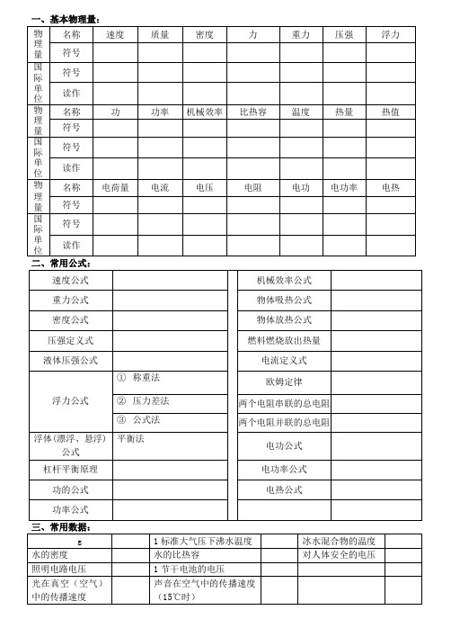 初中物理基本物理量和公式记忆清单