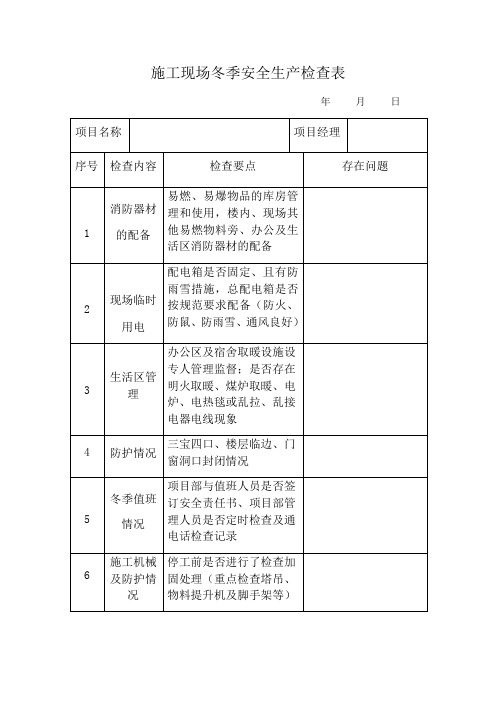 施工现场冬季安全生产检查表