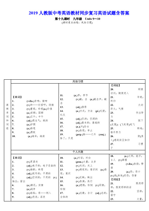 2019人教版中考英语教材同步复习含答案(第19课时九年级Units9-10)