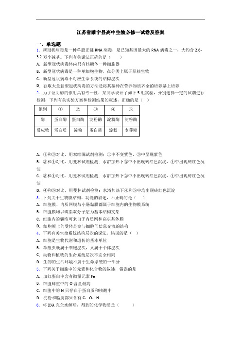 江苏省睢宁县高中生物必修一试卷及答案