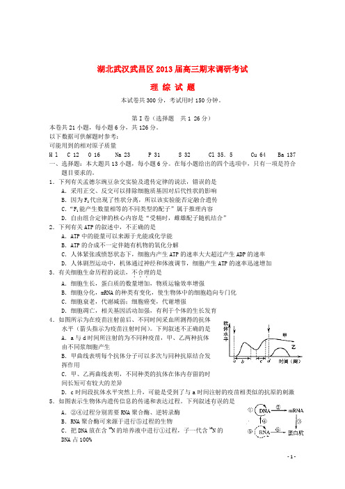 湖北省武汉市武昌区高三理综上学期期末调研测试试题