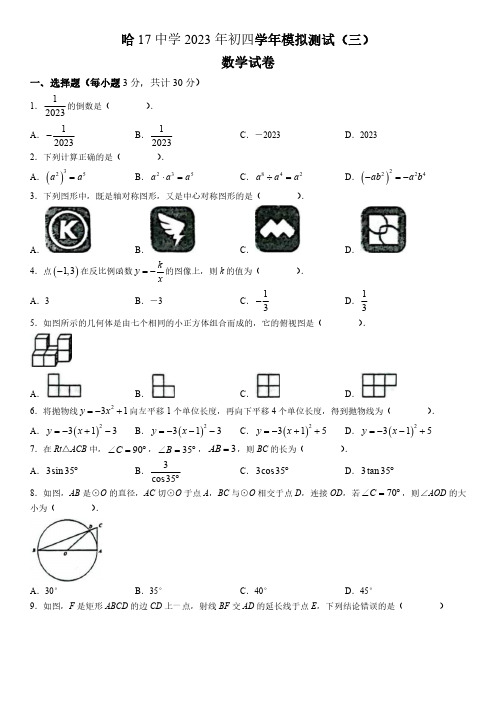 2023年黑龙江省哈尔滨市第十七中学校中考三模数学试题及参考答案