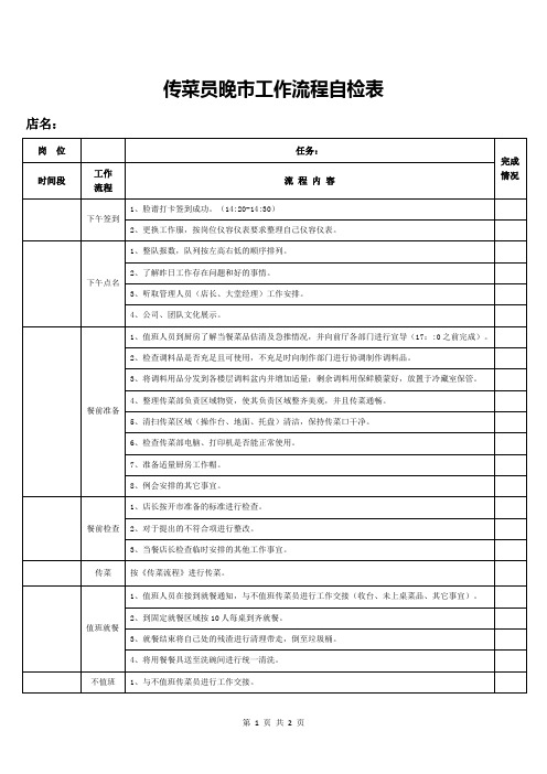 传菜员晚市工作流程自检表