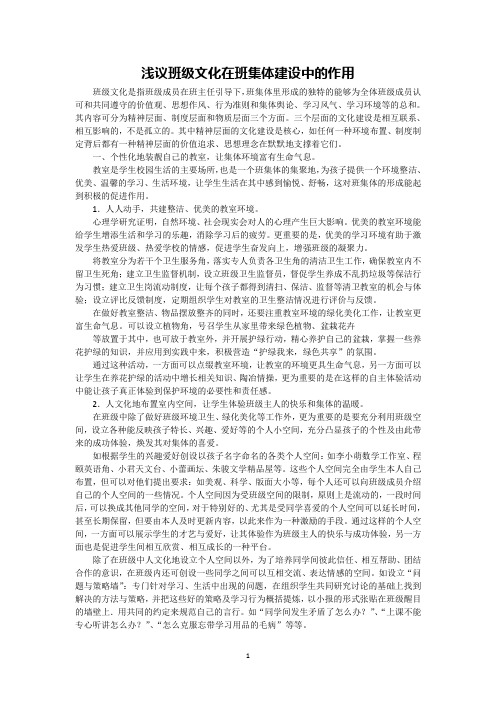 浅议班级文化在班集体建设中的作用