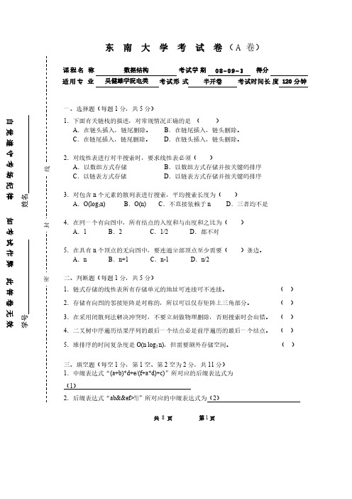 东南大学数据结构试卷-推荐下载