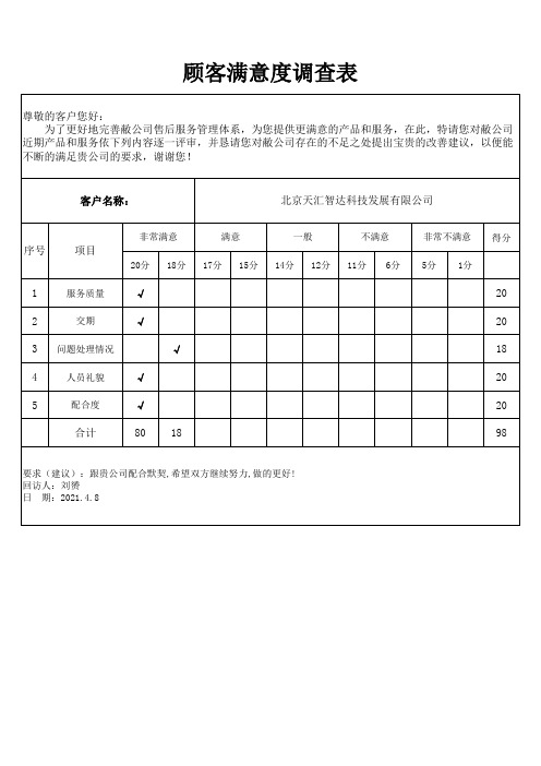 顾客满意度调查表