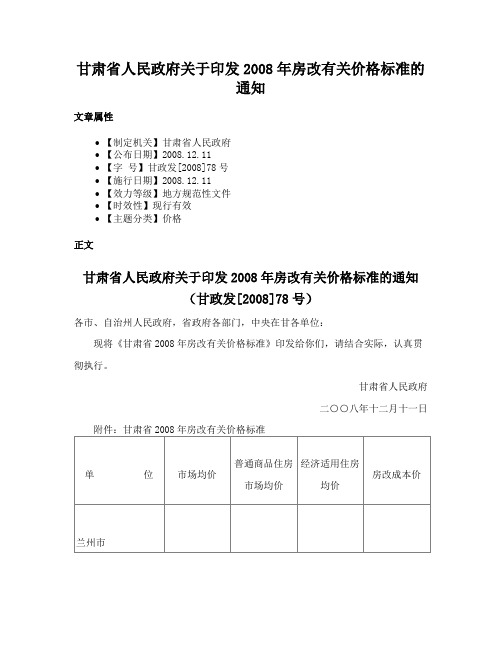 甘肃省人民政府关于印发2008年房改有关价格标准的通知