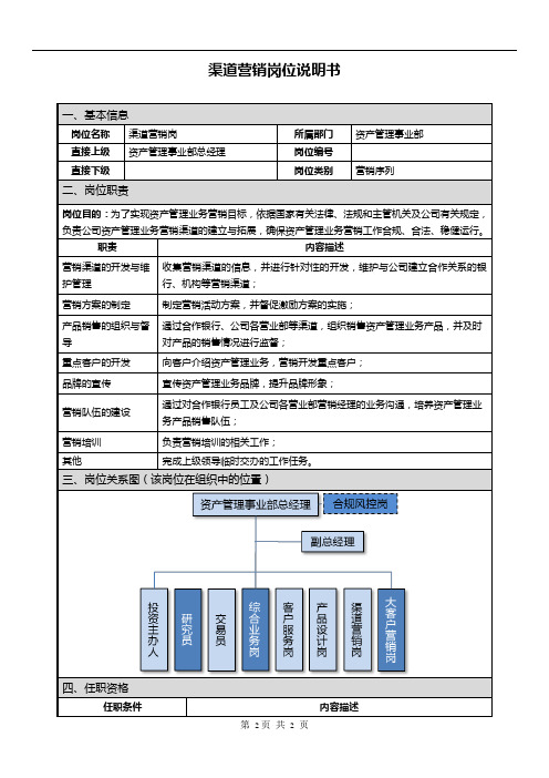 渠道营销证券公司岗位说明书