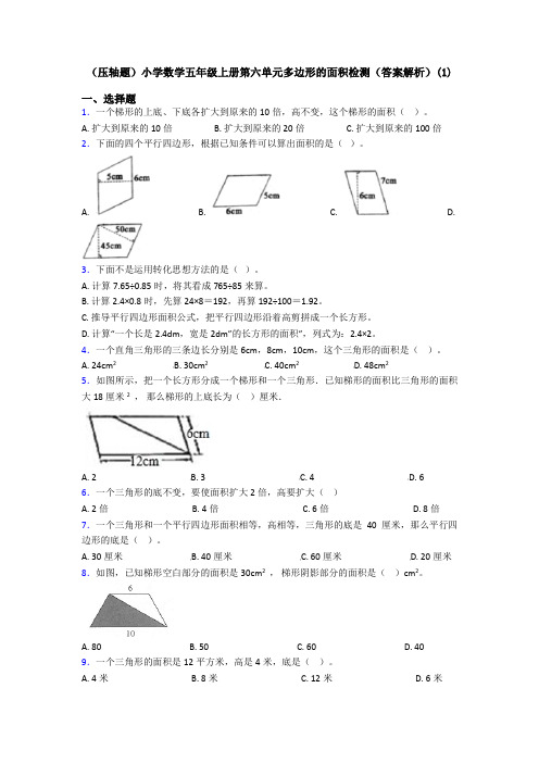 (压轴题)小学数学五年级上册第六单元多边形的面积检测(答案解析)(1)