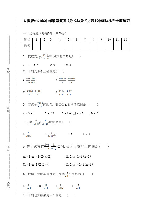 _2021年人教版九年级中考数学复习《分式与分式方程》冲刺与提升专题练习