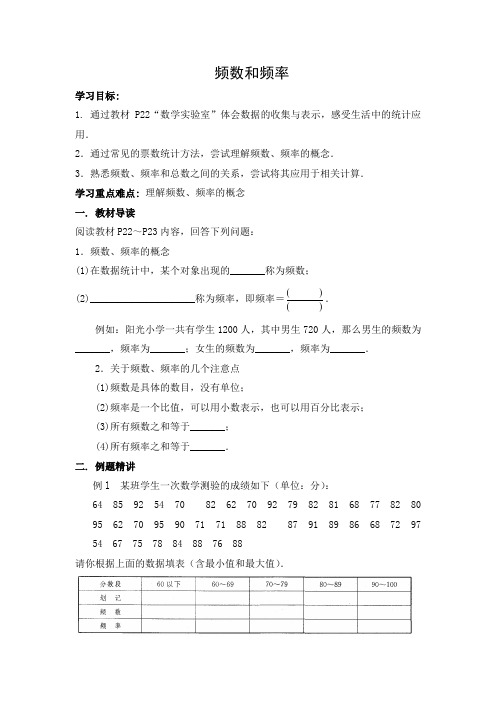 初中数学 导学案1：频数和频率