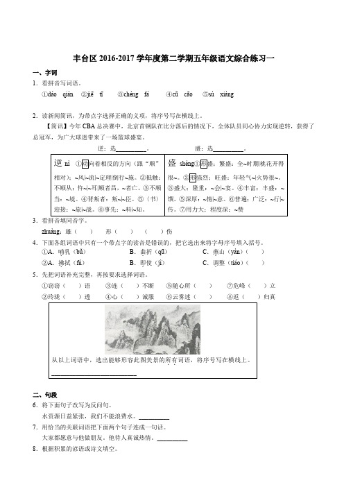 2016-2017年北京丰台区五年级语文下册期末考试试卷(一)