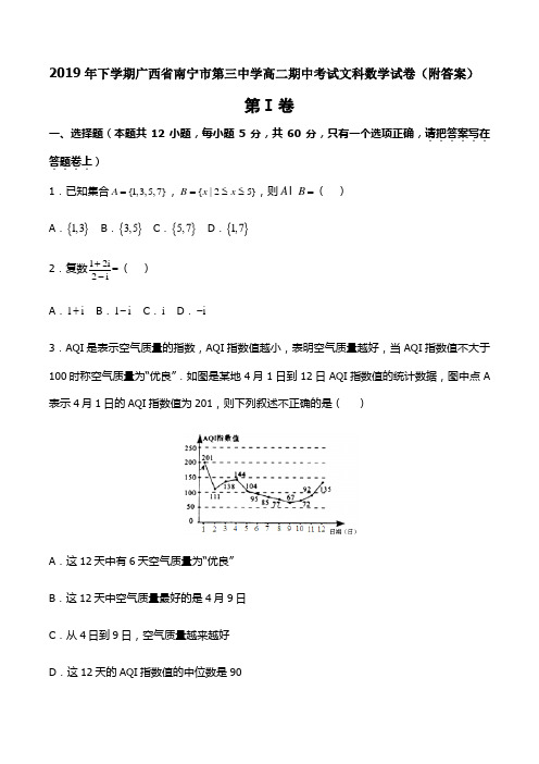 2019年下学期广西省南宁市第三中学高二期中考试文科数学试卷(附答案)