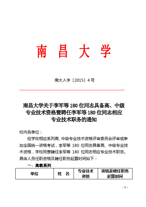 南昌大学关于李军等180位同志具备高、中级专业技术资格暨聘任李军等180位同志相应专业技术职务的通知