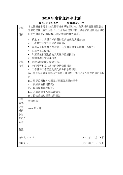 2010年度管理评审计划