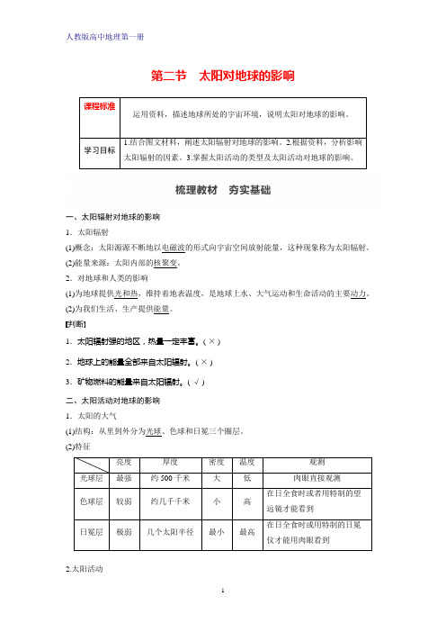 人教版高中地理第一册(必修1)学案：1.2太阳对地球的影响(1)学案