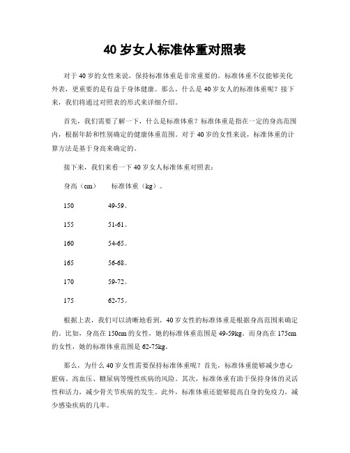 40岁女人标准体重对照表