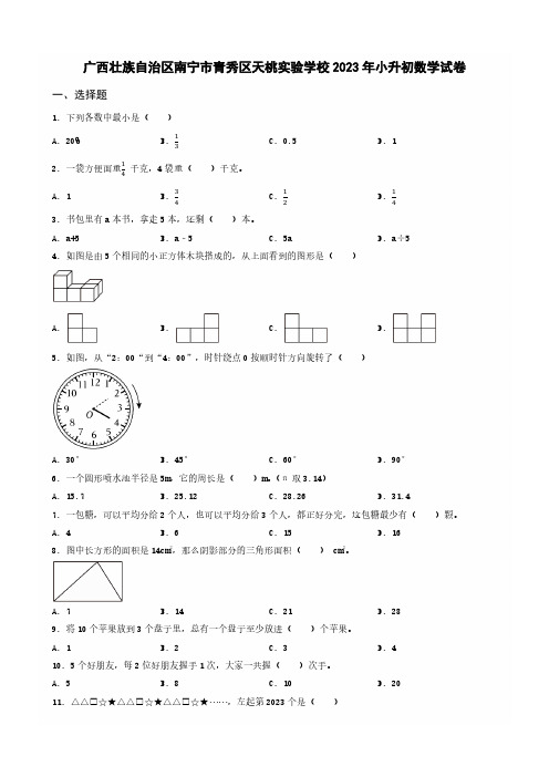 广西壮族自治区南宁市青秀区天桃实验学校2023年小升初数学试卷 _学生用卷(答案含解析)