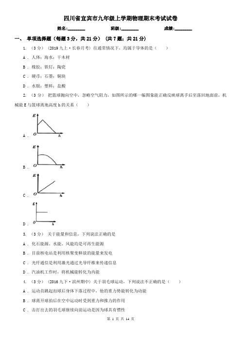 四川省宜宾市九年级上学期物理期末考试试卷