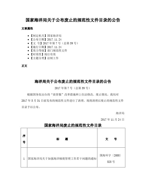 国家海洋局关于公布废止的规范性文件目录的公告