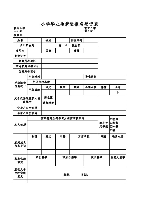 小学毕业生就近报名登记表