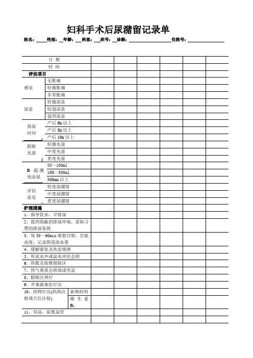 妇科手术后尿潴留记录单