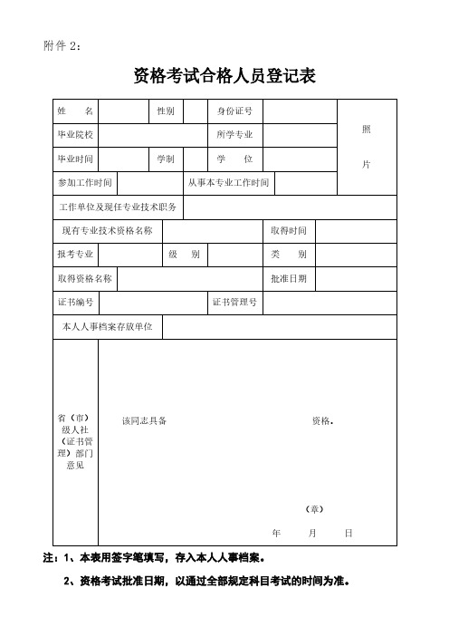 资格考试合格人员登记表