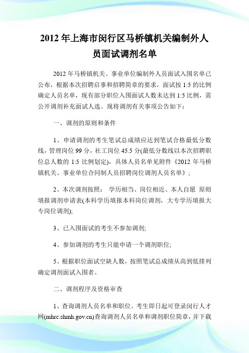 上海市闵行区马桥镇机关编制外人员面试调剂名单.doc