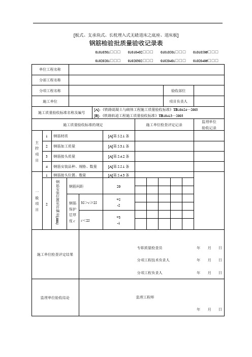 [板式、支承块式、长枕埋入式无碴道床之底座、道床板]钢筋检验批质量验收记录表