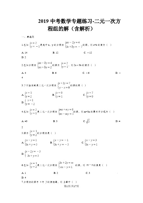 中考数学专题练习二元一次方程组的解(含解析)