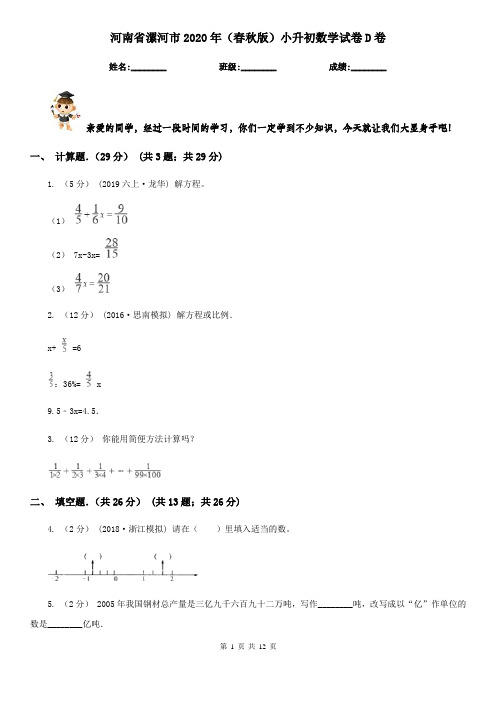 河南省漯河市2020年(春秋版)小升初数学试卷D卷