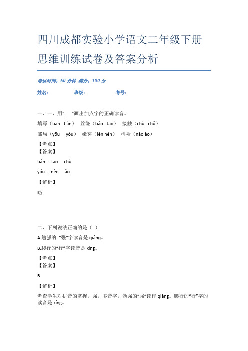 四川成都实验小学语文二年级下册思维训练试卷及答案分析