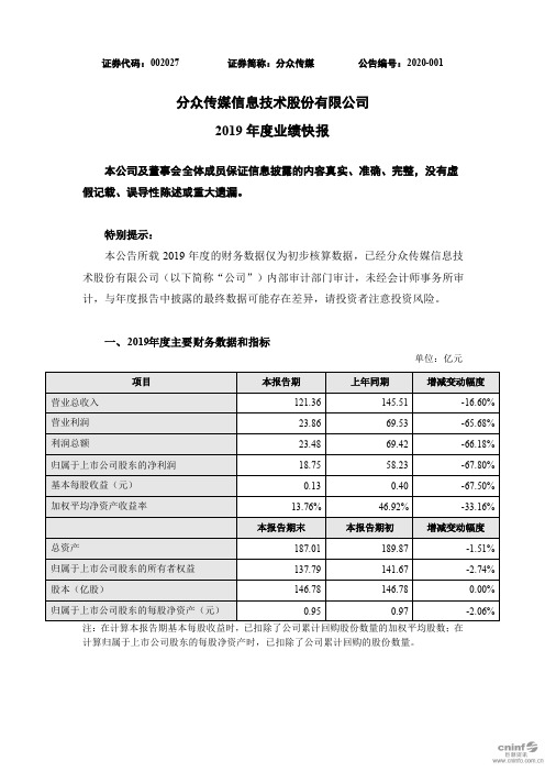 分众传媒：2019年度业绩快报