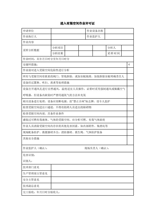 受限空间作业许可证