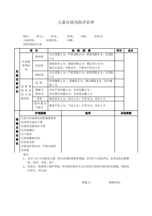 儿童压疮风险评估单