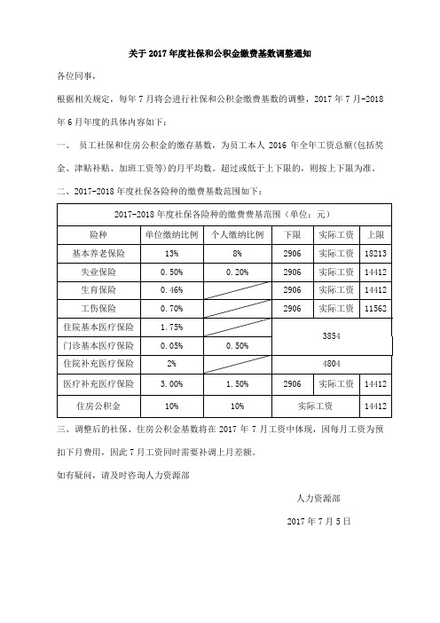 (完整版)2017年度社保和公积金基数调整通知