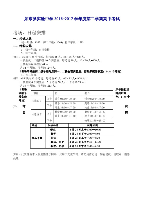 如东县实验中学2016~2017学年度第二学期期中考试