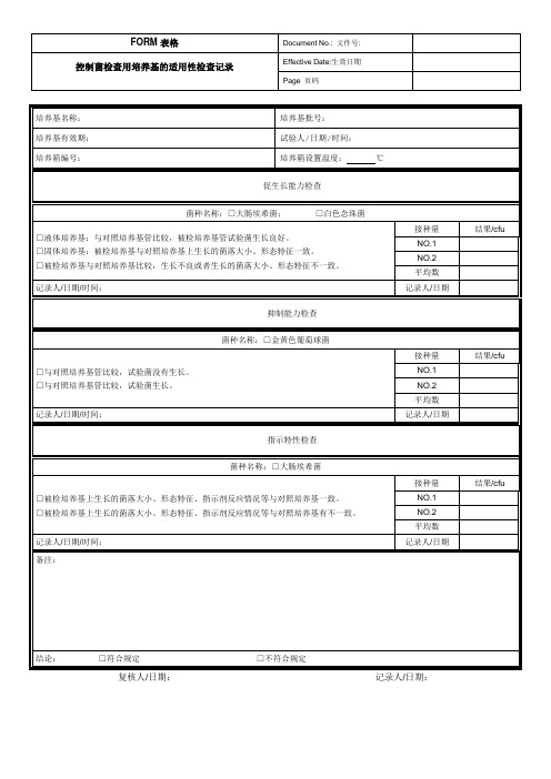 控制菌检查用培养基的适用性检查记录(2015版药典)