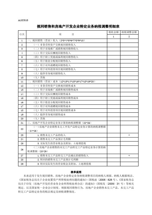 A105010《视同销售和房地产开发企业特定业务纳税调整明细表》