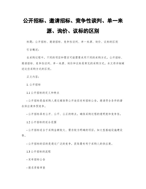 公开招标、邀请招标、竞争性谈判、单一来源、询价、议标的区别