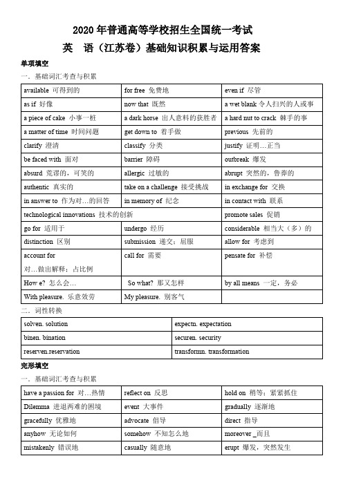 2020年高考英语江苏卷基础知识积累与运用(答案版)