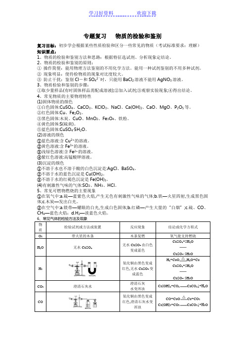 九年级化学专题复习物质的检验和鉴别